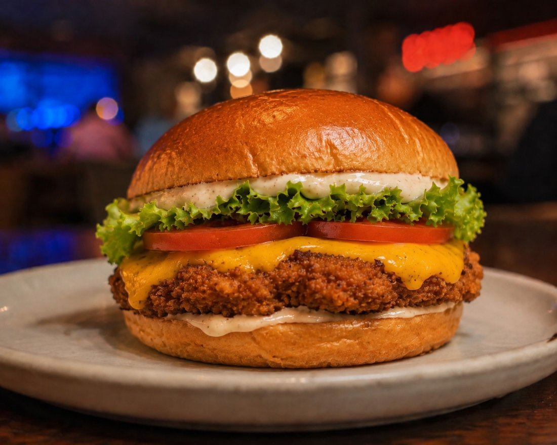 Burger Le Zouk — poulet croustillant pané, cheddar, salade, tomate